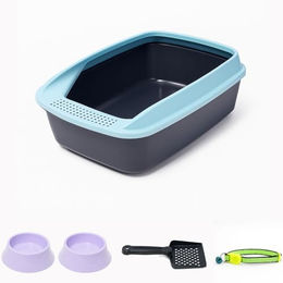 Jungengel Katzentoilette Set aus Kunststoff mit abnehmbarem Rand, Streuschaufel, Napf und Halsband, Dunkelgrau/Minze – Bild 1 von 4