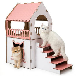 Jungengel XL Katzenhaus aus Holz mit Treppe und 2 Etagen in Rosa Weiß – Bild 1 von 13