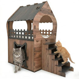 Jungengel XL Katzenhaus Indoor aus Holz mit 2 Etagen und Treppe für 2 Katzen in Anthrazit Braun und Grau – Bild 1 von 6