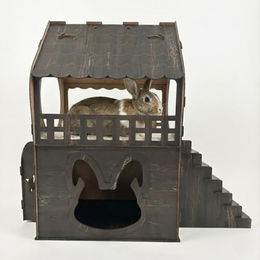 Jungengel Zweistöckiges Kaninchenhaus XL aus MDF in Dunkelbraun mit Holzoptik für Kaninchen und Meerschweinchen – Bild 1 von 10