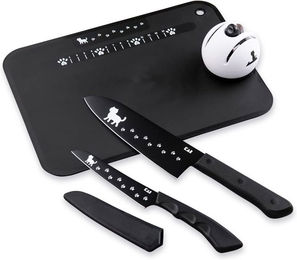 Produktbild von Kai Nyammy Kochgeschirr-Set Enthält ein Santoku ein Petty ein Schneidmesser und eine Katze Ideal für Single 4-teilig (950RC1112) - Messer, Messer, Brett, Schärfer. Design,