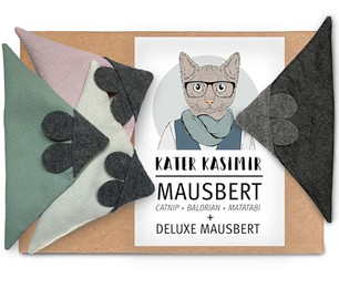 Produktbild von Kater Kasimir 4 x Mausbert - Die 2-in-1 Spielmaus für Katzen, handgemacht aus BIO-Baumwolle mit BIO-Katzenminze-, BIO-Baldrian- und Matatabi-Füllung