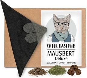 Produktbild von Kater Kasimir Mausbert Deluxe - Die 2-in-1 Spielmaus für Katzen, handgemacht aus BIO-Baumwolle mit BIO-Katzenminze-, BIO-Baldrian- und Matatabi-Füllung