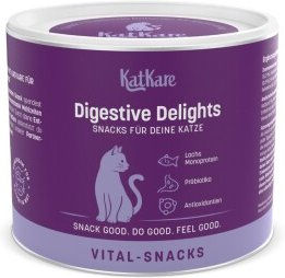 Produktbild von KatKare Vital Snacks Digestive Delights - Eine Monatsration gesunde Verdauung und Darmflora für deine Katze, mit Flohsamenschalen, Präbiotika, Ballaststoffen und Omega-3 150g