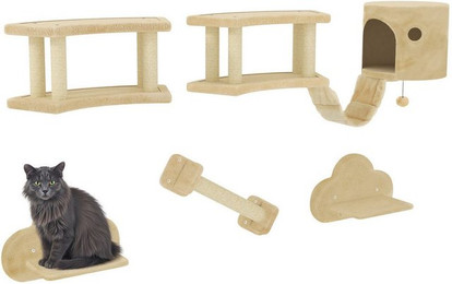 Produktbild von Katzen Kletterwand Set, 5-teilig Katzenmöbel mit Kratzstamm, Leiter, Haus
