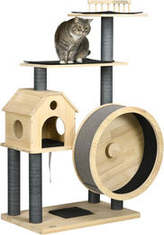 Katzenbaum mit Laufrad, 4-Stock Kratzbaum, Katzenhaus mit Sisalsäulen, Katzenhöhle, Massivholz 80 x 50 x 143 cm – Bild 1 von 9
