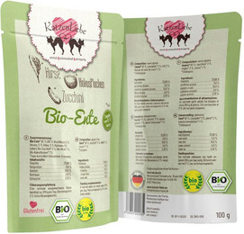 Produktbild von Katzenliebe 100 Gramm Katzennassfutter Sparpaket 30 x 100 Gramm Bio Ente mit Zucchini, Hirse und Kokos