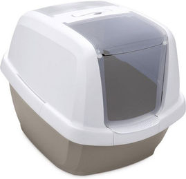 Produktbild von Katzentoilette Haubentoilette mit aufstellbarer Schwingtür weiss-grau