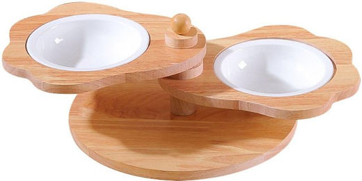 Produktbild von Keramik Haustierfutter Doppelnäpfe Hitzebeständig Erhöhte Katze Hundenäpfe Doppelnapf-Set mit Holz