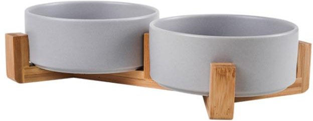 Produktbild von Keramik-Haustiernapf mit Holzständer, kein Verschütten, Haustier-Keramik-Doppelnapf für Hunde, Katzen, Futter, Wasser, Futterspender, Katzen, kleine Hunde, Haustiernapf grau