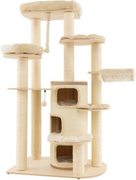 Produktbild von KOMFOTTEU Kratzbaum aus Holz mit Sitzfläche oben und 3 Katzenhöhlen