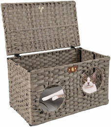 KOMFOTTEU Tierhaus, Katzenhaus mit Weichem Kissen, aus Rattan – Bild 1 von 5