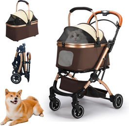 Produktbild von Kompakter Haustierwagen für kleine und mittlere und separat für mehrere 360-Grad-Drehungen für 2 kompakte Hunde Hundeausflug 4 Öffnung und Vorderräder braun