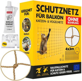 Produktbild von KONZEPT Schutznetz Katzennetz für Balkon Ohne Bohren Set, BxL: 3x4 m, (Komplett-Set, Netz, Klebehaken, Kleber), Maschenweite: 50x50 mm