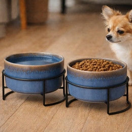 Produktbild von Koopman Futternapf Hundenapf Katzennapf Fressnapf 17x10cm Keramik 2er Set, Dunkelblau, Keramik, 1 Liter je Napf, Metall, Standsicher