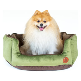 Produktbild von Kuschelbett „Charly“ für Katzen & kleine Hunde – Muschelbett aus Velours & Cord, grün-braun, handgefertigt & waschbar - L