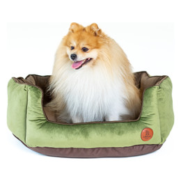 Produktbild von Kuschelbett „Charly“ für Katzen & kleine Hunde – Muschelbett aus Velours & Cord, grün-braun, handgefertigt & waschbar - M
