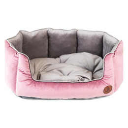Produktbild von Kuschelbett „Charly“ für Katzen & kleine Hunde – Muschelbett aus Velours & Cord, pink-grau, handgefertigt & waschbar - L
