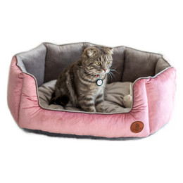 Produktbild von Kuschelbett „Charly“ für Katzen & kleine Hunde – Muschelbett aus Velours & Cord, pink-grau, handgefertigt & waschbar - M