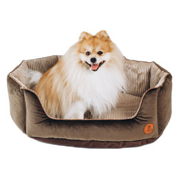 Produktbild von Kuschelbett „Charly“ für Katzen & kleine Hunde – Muschelform, Velours & Cord, braun-beige - L