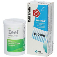 Produktbild von Karsivan 100 mg Vet und Zeel VET Tabletten zur Seniorenpflege für Herz, Atemwege und Gelenke