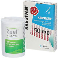 Produktbild von Karsivan 50 mg Vet und Zeel VET Tabletten zur Seniorenpflege für Herz und Atemwege