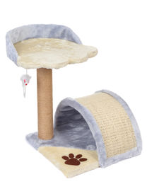 Kateti Kratzbaum für Katzen in Beige-Grau mit Pfotenmuster, Haus, Liegeplatz und Spielzeugmaus, 43 cm – Bild 1 von 1