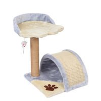 Produktbild von Kateti Kratzbaum für Katzen in Beige-Grau mit Pfotenmuster, Haus, Liegeplatz und Spielzeugmaus, 43 cm