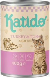 Produktbild von KATIDO Adult Katzen Nassfutter Pute und Thunfisch Stückchen in Sauce getreidefrei 400 g