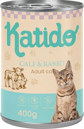 Produktbild von KATIDO Nassfutter für erwachsene Katzen mit Kalb und Kaninchen, Stückchen in Sauce, getreidefrei und ohne Zucker, 400g