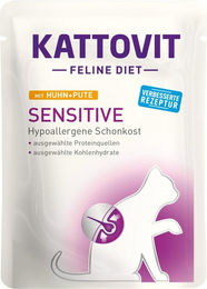 Produktbild von Kattovit Sensitive Katzenfutter Huhn und Pute Stückchen in Sauce 24x85g