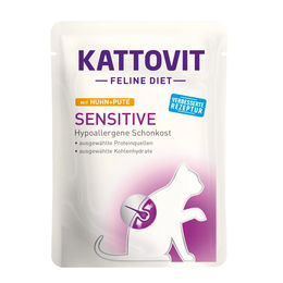 Produktbild von Kattovit Sensitive Nassfutter für Katzen Huhn und Pute Stückchen in Sauce 24x85g hypoallergen