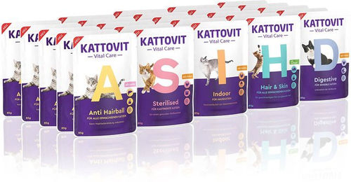 Kattovit Vital Care Katzen Nassfutter Probierpaket 25 x 85g mit 5 Sorten für Haut, Fell, Verdauung und Haarballen-Kontrolle - 25 x 85 g – Bild 1 von 2