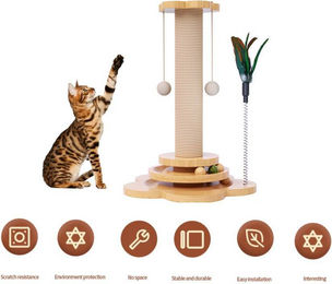 Katzen Kratzbrett aus Massivholz und Sisal in Plattenspieler-Design mit Spielbällen Höhe 40cm – Bild 1 von 3
