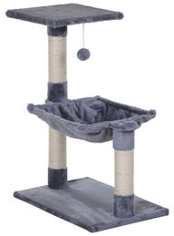 Katzenbaum in Grau mit 3 Kratzstämmen aus Natursisal, Plattform, Hängematte und Hängeball, Maße 50 x 36 x 70 cm – Bild 1 von 1
