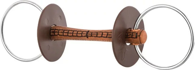 Kavalkade Ledergebiss für Pferde mit Ring und Wassertrense mit Lederstange in Beige oder Braun – Bild 1 von 2