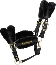 Kentucky Nylon-Pferdehalfter für Shettys mit Schafsfell in Schwarz und Gold – Bild 1 von 6