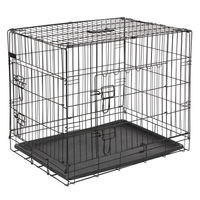 Produktbild von Kerbl Gittertransportbox für Hunde aus Metall in Schwarz mit zwei Türen und herausnehmbarer Kunststoffwanne 92x63x74cm
