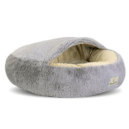 KingDog Shaggy Fluffy Haustierbett mit Kapuze für Hunde und Katzen in Hellgrau Durchmesser 60 cm hypoallergen – Bild 1 von 5