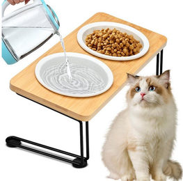 Kityhome Katzennapf-Set aus Keramik mit Bambusbrett und Metallhalterung, 15 Grad geneigt, Anti-Rutsch, Weiß – Bild 1 von 1
