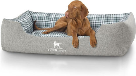 Knuffelwuff Hundebett Lennard aus Velours mit Karomuster XL 105 x 75cm Grau/Grün hypoallergen – Bild 1 von 3