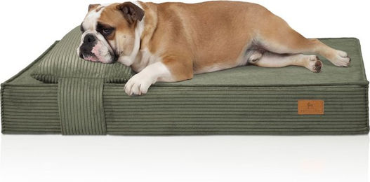 Knuffelwuff Hundebett Soleya orthopädisches Cord Hundebett mit Memory Foam Matratze und Kopfkissen 135x90cm Khaki – Bild 1 von 5