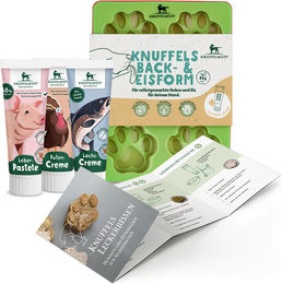 Produktbild von Knuffelwuff Hundekekse und Hundeeis Set mit grüner Silikonform, Mousse-Tube und Rezepten, getreidefrei und glutenfrei für alle Altersstufen