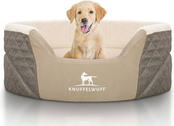 Produktbild von Knuffelwuff Orthopädisches Hundebett Lena aus Velours und Kunstleder in Beige mit hohem Schaumstoffrand zur Gelenksupport