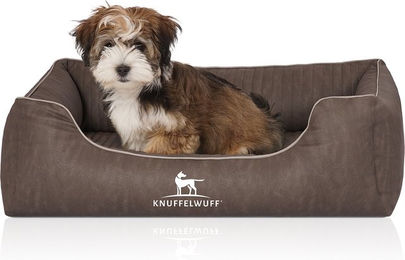 Knuffelwuff Orthopädisches Hundebett Tampa aus laser-gestepptem Kunstleder Braun Grau S – Bild 1 von 12