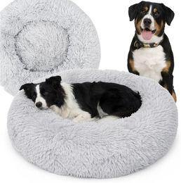 KomfortHome Hundebett und Katzenbett Donut aus Plüsch in Grau 80cm mit rutschfester Unterseite und beruhigendem Effekt für kleine Rassen – Bild 1 von 5