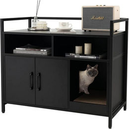 KOMFOTTEU 2 in 1 Katzenschrank als Katzenmöbel-Toilette aus Holz mit Doppeltüren, Kratzbrett und 2 Fächern in Schwarz – Bild 1 von 5