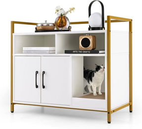 KOMFOTTEU 2 in 1 Katzenschrank mit Katzentoilette aus Holz in Weiß mit Doppeltüren, Kratzbrett und 2 Fächern – Bild 1 von 5