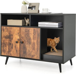 KOMFOTTEU 2 in 1 Katzenschrank Möbel-Toilette aus Holz mit Doppeltüren 90 x 50 x 70 cm – Bild 1 von 5