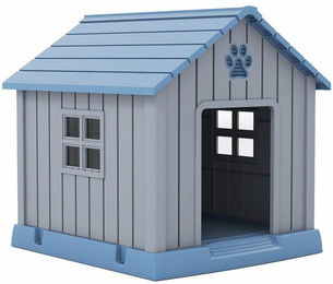 KOMFOTTEU Hundehütte für erwachsene Hunde mit Schrägdach und erhöhtem Boden in Blau aus Kunststoff – Bild 1 von 5